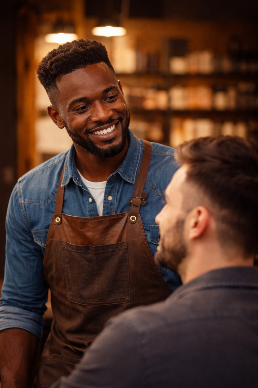 A barber listening to a customer during a haircut